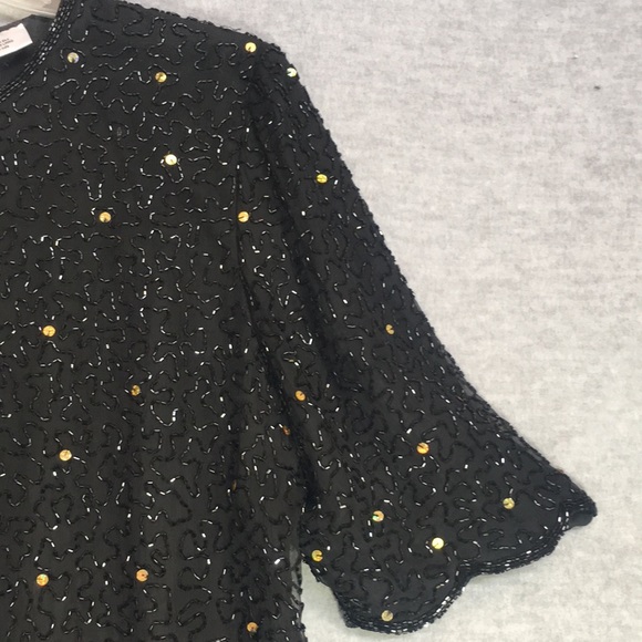 BEADED SILK Sequined Evening Special Occasion Formal Dressy w/Scalloped Edges - Picture 5 of 14